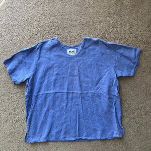 Flax Top Womens Large 100% Linen Pullover Short Sleeve Blue Round Neck